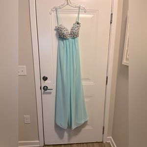 Light blue/green prom dress with beaded pearl and jewel bodice